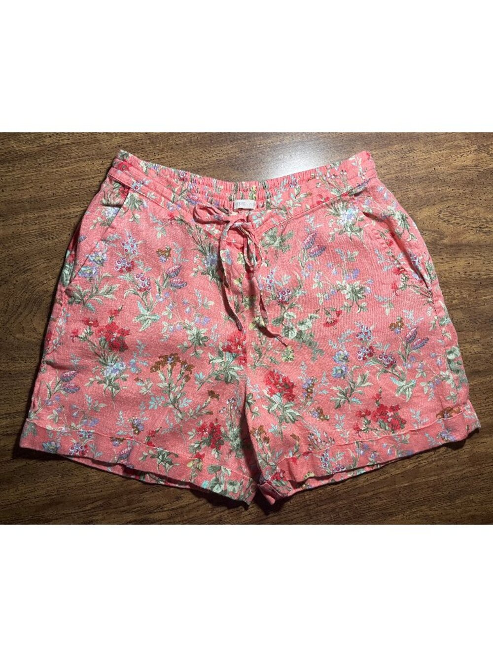 OYSHO Linen 100% Pull On Elastic Waist Band Pink Shorts with Flowers - Pre-Owned